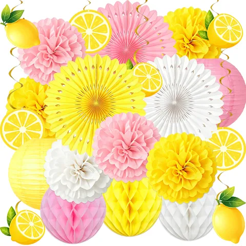 Sommer Zitrone Thema Party Dekoration Set Gelb Rosa Papierfächer Laternen Pom Poms Wabenbälle Hängende Wirbel Geburtstag Dekor