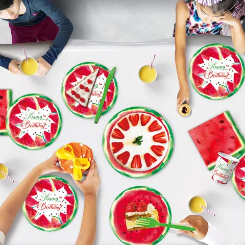 Wassermelone Thema Geburtstag Party Geschirr Set Pappteller Becher Servietten Banner Tischdecke Sommer Fest Party Layout Deko Requisiten
