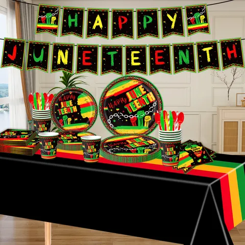 Juneteenth Party Supplies Set Happy Emancipation Day Decorations Banner Paper Plates Napkins Tablecloth Pan-African Colors Freedom Celebration Tableware Decor