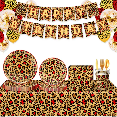 Rotes Leopardenmuster Geburtstag Party Geschirr Set Pappteller Becher Servietten Banner Ballons Kuchen Topper Strohhalme Tischdecke Für Geburtstag Feier Tischdeko Bedarf
