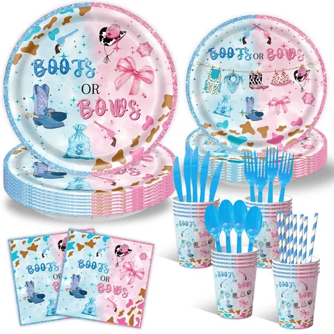 Western Cowboy Boots Or Bows Gender Reveal Party Zubehör Hintergrund Banner Pappteller Tassen Servietten Set Tischdecke Strohhalme Dekorationen