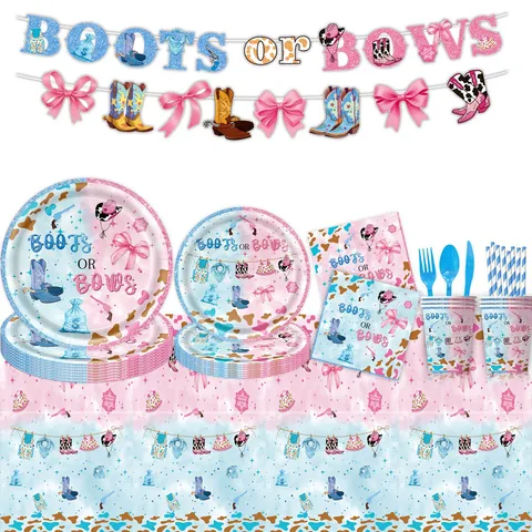 Western Cowboy Boots Or Bows Gender Reveal Party Zubehör Hintergrund Banner Pappteller Tassen Servietten Set Tischdecke Strohhalme Dekorationen