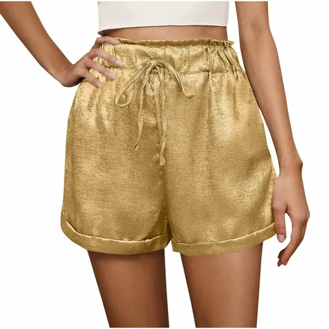 Women's Casual Polyester Satin-Look Shorts Summer High Waist Elastic Drawstring Cuffed Hem Loose Fashion Solid Color Beach Shorts