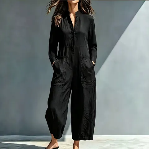 Mono de Manga Larga para Mujer Minimalista Color Sólido Botones Frontales Cuello Alto Tejido Monos Casuales Con Bolsillos Para Otoño Invierno