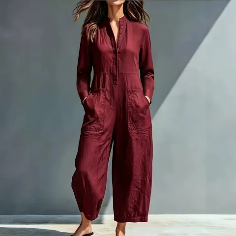 Mono de Manga Larga para Mujer Minimalista Color Sólido Botones Frontales Cuello Alto Tejido Monos Casuales Con Bolsillos Para Otoño Invierno