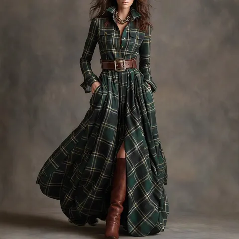 Women French Vintage Plaid Maxi Dress Long Sleeve Lapel Button Down Belted Polyester Elegant Streetwear Evening Party Long Dress