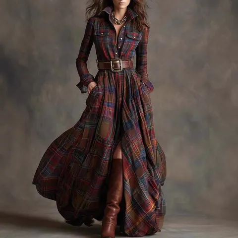 Women French Vintage Plaid Maxi Dress Long Sleeve Lapel Button Down Belted Polyester Elegant Streetwear Evening Party Long Dress