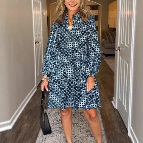 Women V Neck 3/4 Sleeve Digital Diamond Print Tiered Midi Dress Elegant Loose Fit Casual Polyester Clothing