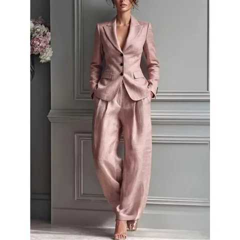 Women Fashion Casual Western Style Solid Color Single Breasted Blazer And Pants Top And Bottom Set For Office Daily Wear