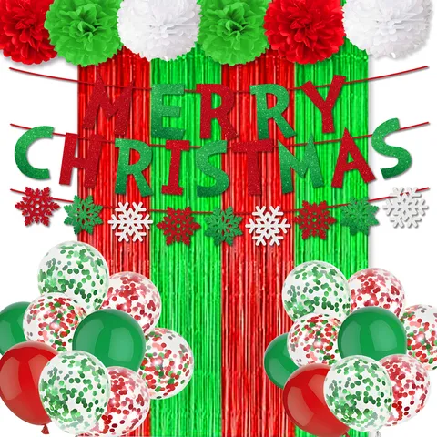 Ensemble de Fournitures de Décoration de Fête de Dessin Animé de Noël Bannière de Lettres Pailletées Rideau de Franges en Lametta Métallique Ballon Toile de Fond Pom Poms en Papier pour la Célébration d'Anniversaire