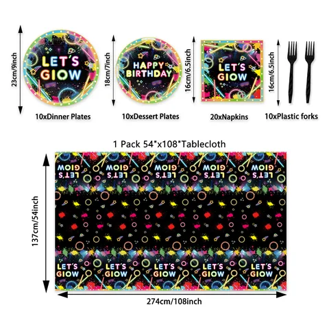 Neon Glow Geburtstag Party Deko Set Let's Glow Partygeschirr Set Mit Banner Tischdecke Pappteller Becher Servietten Für Neon Geburtstag Deko