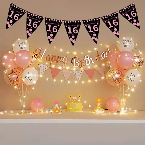 Pink Black Birthday Pennant Banner Birthday Party Hanging Decoration Paper Flags Venue Atmosphere Layout Birthday Party Supplies