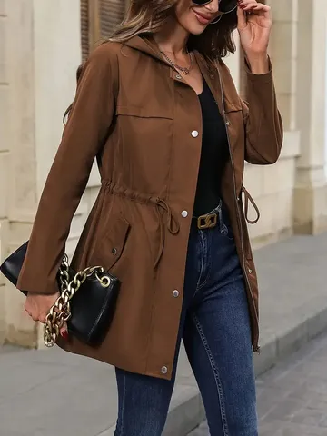 Women's Casual Hooded Trench Coat Mid-Length Polyester Windbreaker With Drawstring Waist Zipper Closure Autumn Long Sleeve Fashion Outerwear Top