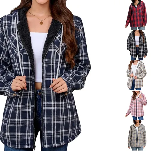 Women Plaid Fleece Lined Hooded Jacket Vintage Printed Long Sleeve Zip Up Shirt Top For Autumn Winter Casual Outwear