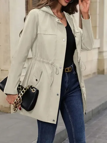 Women's Casual Hooded Trench Coat Mid-Length Polyester Windbreaker With Drawstring Waist Zipper Closure Autumn Long Sleeve Fashion Outerwear Top