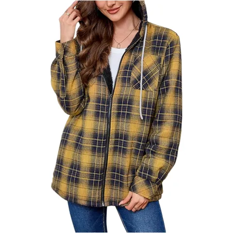 Women Plaid Fleece Lined Hooded Jacket Vintage Printed Long Sleeve Zip Up Shirt Top For Autumn Winter Casual Outwear
