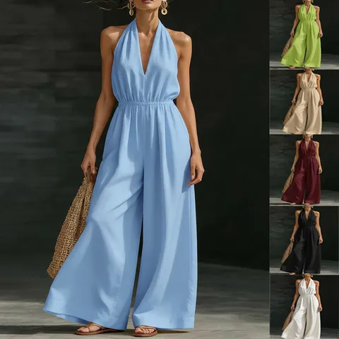 Women V Neck Halter Neck Sleeveless Jumpsuit Solid Color Wide Leg Pant Elegant French Style Summer Top And Bottom Outfit