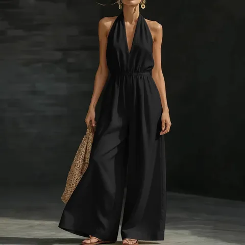 Women V Neck Halter Neck Sleeveless Jumpsuit Solid Color Wide Leg Pant Elegant French Style Summer Top And Bottom Outfit