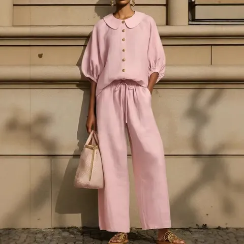 Damen Mode Laternenärmel Knopfhemd Und Kordelzug Hose Set Lässige Einfarbige 2-Teiler Outfits Für Sommer Frühling Polyester Elasthan