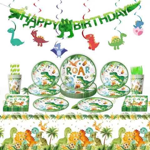 Dinosaurier Partyzubehör Set Cartoon Grün Aquarell Dinosaurier Geburtstag Dekorationen Einwegteller Becher Servietten Tischdecke Besteck