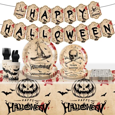 Halloween Party Deko Set Gotisch Totenkopf Kürbis Katze Muster Pappteller Becher Servietten Tischdecke Banner Für Thema Event Party Layout
