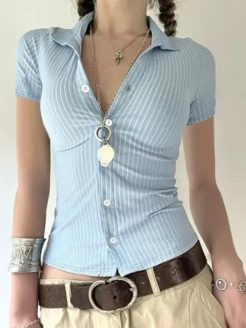 Women Vertical Striped Polo Neck Short Sleeve T-Shirt Slim Fit Button Down Rib Knit Crop Top Blue White Summer Casual Tee