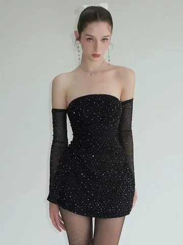 Women Sexy Off Shoulder Glitter Mini Dress Nightclub Party Sparkling Bodycon Tube Top Dress With Mesh Sleeves Clubwear