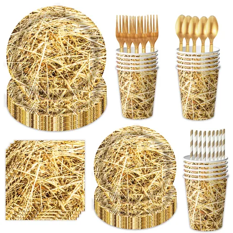 Western Cowboy Heuhaufen Partyzubehör Set Heu Textur Pappteller Servietten Banner Tischdecke Gold Kunststoff Besteck Deko