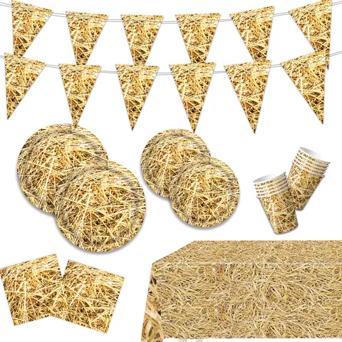 Western Cowboy Heuhaufen Partyzubehör Set Heu Textur Pappteller Servietten Banner Tischdecke Gold Kunststoff Besteck Deko
