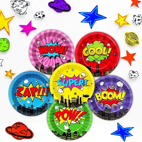 Superhero Geburtstagsparty Einweg-Pappteller Comic Pop Art Thema Party Geschirr Set Stadt Silhouette Deko Teller