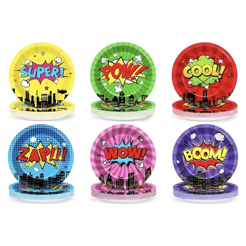 Superhero Geburtstagsparty Einweg-Pappteller Comic Pop Art Thema Party Geschirr Set Stadt Silhouette Deko Teller