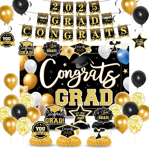 Abschluss Party Dekorationen 2025 Congrats Grad Hintergrund Banner Luftballons Waben Aufsätze Hängende Wirbel Set Für Abschlussfeier Partyartikel