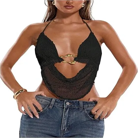 Women Y2K Crochet Halter Top Sequin Metal Ring Decor Backless Sleeveless Top For Summer Beach Party Sexy Clubwear Clothes