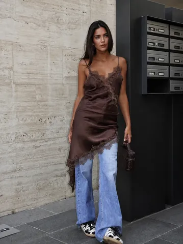 Women's Sexy V-Neck Lace Patchwork Slip Dress Elegant Satin Sleeveless Backless Asymmetric Party Mini Dress For Women