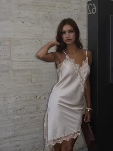 Women's Sexy V-Neck Lace Patchwork Slip Dress Elegant Satin Sleeveless Backless Asymmetric Party Mini Dress For Women