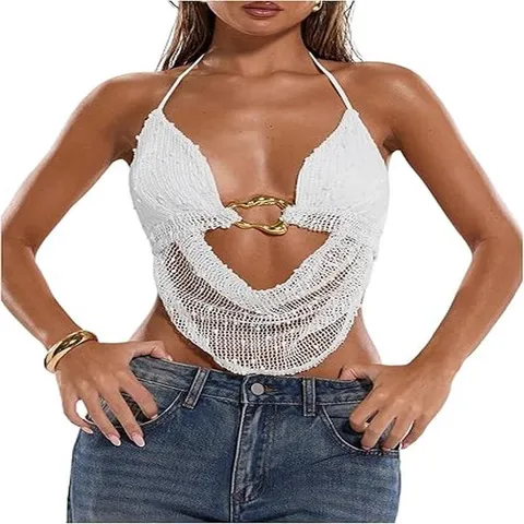 Women Y2K Crochet Halter Top Sequin Metal Ring Decor Backless Sleeveless Top For Summer Beach Party Sexy Clubwear Clothes