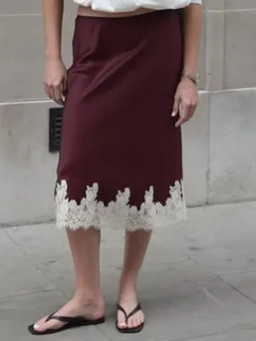 Women Elegant Lace Patchwork Satin Midi Skirt Luster Draped A-Line High Waist Polyester Skirt Spring Casual Party Wear