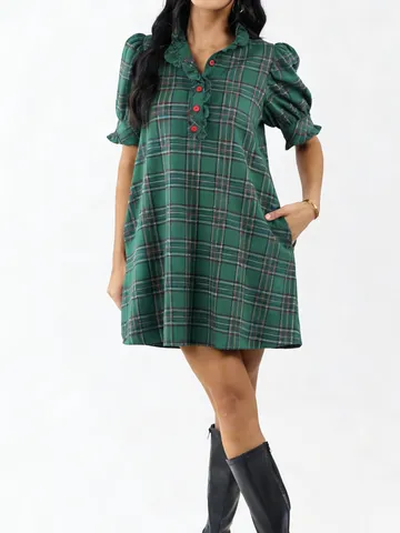 Women Vintage Plaid Dress Ruffle Stand Collar Puff Sleeve Polyester Loose Fit Mori Style Casual Mini Dress With Pockets