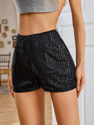 Damen Sexy Funkelnde Pailletten Hot Pants Slim Fit Mittlere Taille Gerade Party Shorts Polyester Elasthan Streetwear Clubwear Unterteil