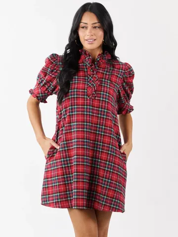 Women Vintage Plaid Dress Ruffle Stand Collar Puff Sleeve Polyester Loose Fit Mori Style Casual Mini Dress With Pockets