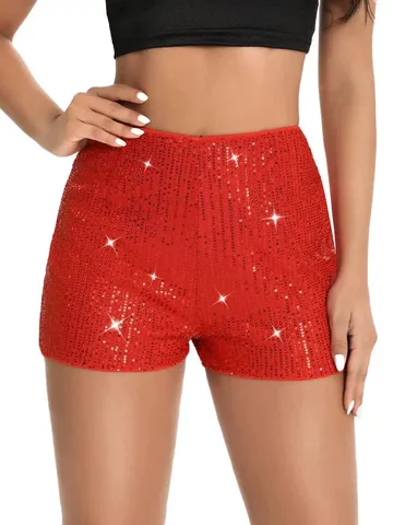 Damen Sexy Funkelnde Pailletten Hot Pants Slim Fit Mittlere Taille Gerade Party Shorts Polyester Elasthan Streetwear Clubwear Unterteil