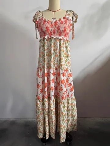 Abito Maxi da Donna Vintage con Stampa Floreale Senza Spalline a Balze Boho Spiaggia Festa Senza Maniche Prendisole Elegante Outfit da Vacanza