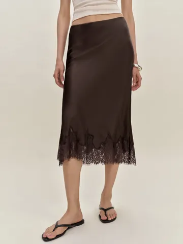 Women's Satin Midi Skirt Elegant High Waist Straight Skirt With Delicate Lace Hem Patchwork Casual Fashion Women's Bottoms