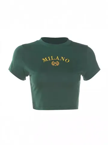 Maglietta Casual a Manica Corta da Donna Slim Girocollo Ricamo Lettere Crop Top Poliestere Estate