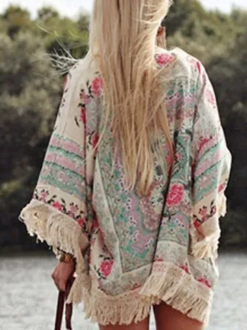Women's Casual Chiffon Cardigan Vintage Floral Print Batwing Sleeve Open Front Beach Sun Protection Top