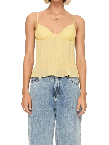 Sexy Encaje Lazo Sin Mangas Camisola Mujer Verano Dulce Plisado Top Delgado Color Sólido Casual Camiseta