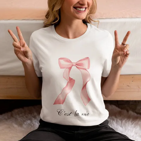 Camiseta Casual de Manga Corta con Estampado de Lazo Dulce para Mujer