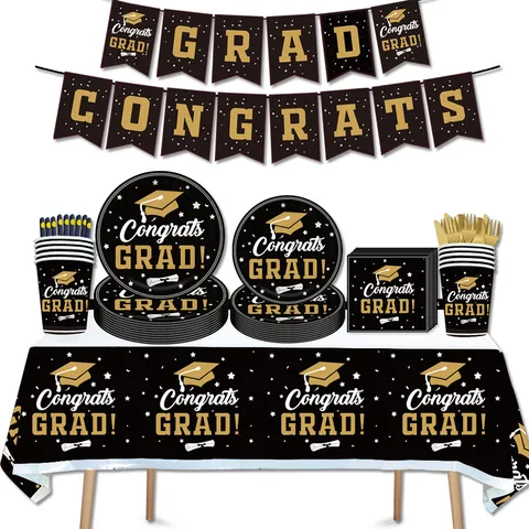 Congrats Grad Abschluss Party Geschirr Set Pappteller Becher Servietten Banner Tischdecke Für Abschlussfeier Party Dekorationen