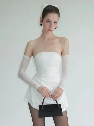 Women Sexy Off Shoulder Glitter Mini Dress Nightclub Party Sparkling Bodycon Tube Top Dress With Mesh Sleeves Clubwear