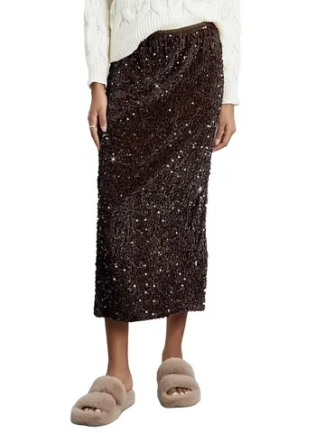 Women High Waist Sequin Bodycon Skirt Heavy Sequin Knitted Straight Pencil Skirt Back Slit Fall Winter Elegant Long Skirt